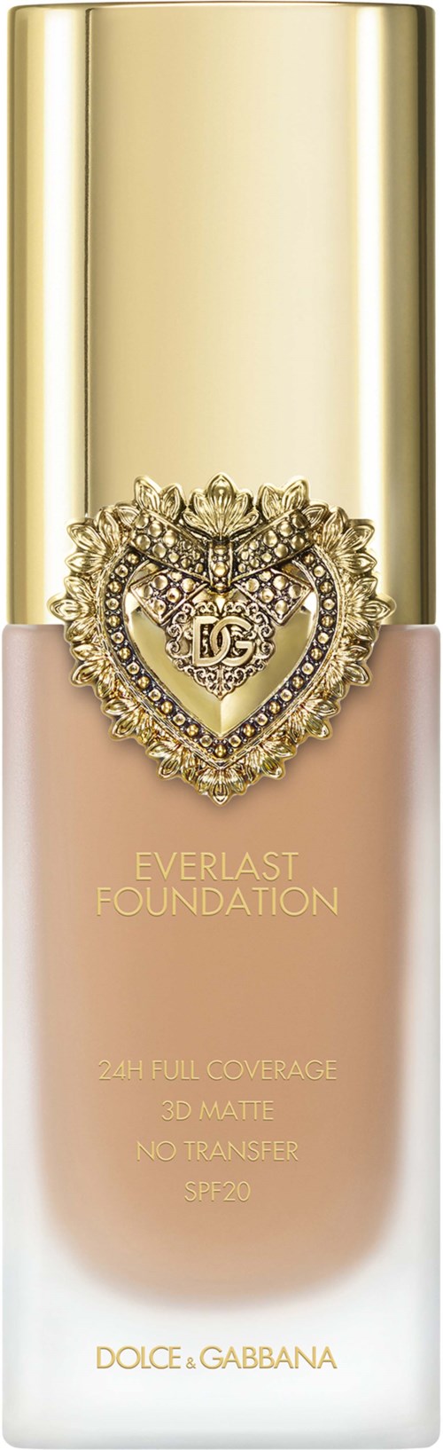 A foundation bottle with gold cap, pink, and white body, featuring a heart-shaped jewel ornament. It is labeled Everlast Foundation.