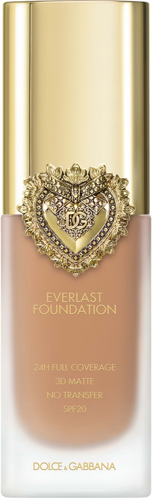 A foundation bottle with a golden cap, decorated with a heart-shaped jewel, and labeled Everlast Foundation by Dolce & Gabbana.