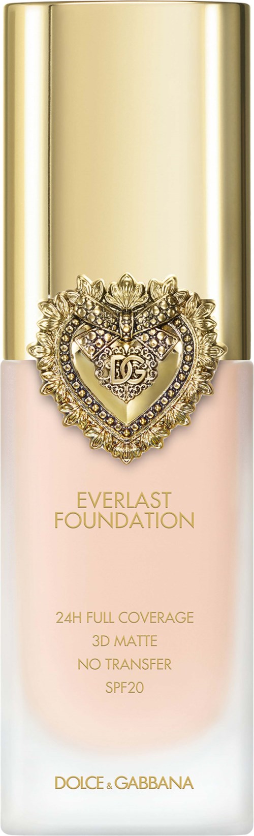 A foundation bottle with a gold cap, pinkish liquid, and a decorative heart emblem. It says Everlast Foundation, SPF20.