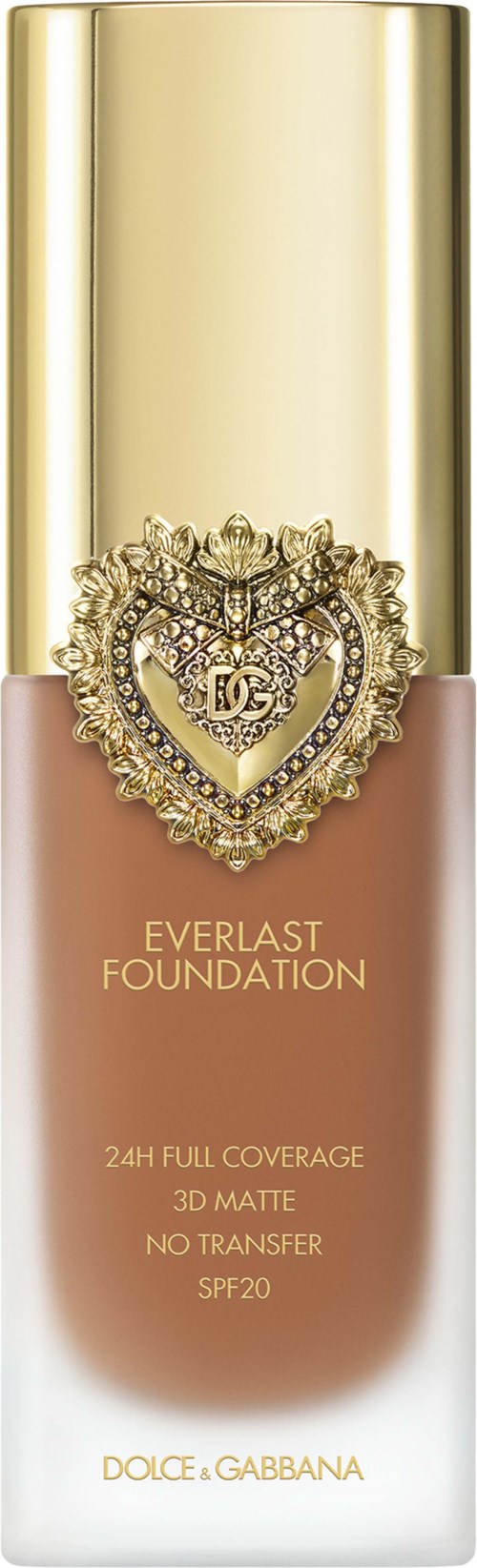 A foundation bottle with a gold cap, featuring a heart-shaped decoration with jewels and the words 'Everlast Foundation'.