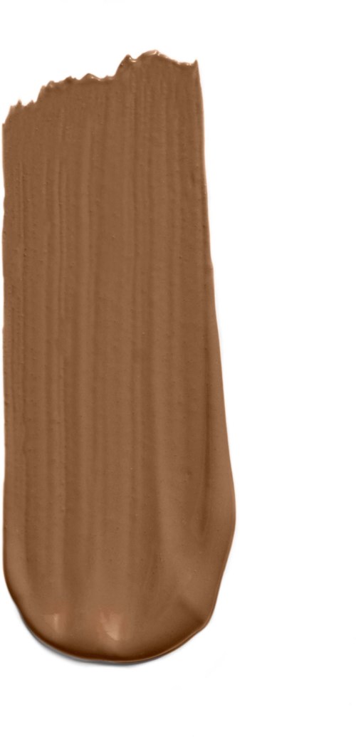 A brownish-beige streak of makeup or paint on white background, rounded at bottom and tapering at the top.