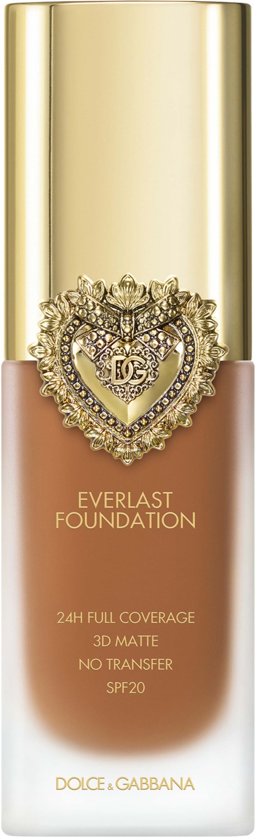 A foundation bottle with a gold cap, heart-shaped gem logo, and beige to white gradient with product details.