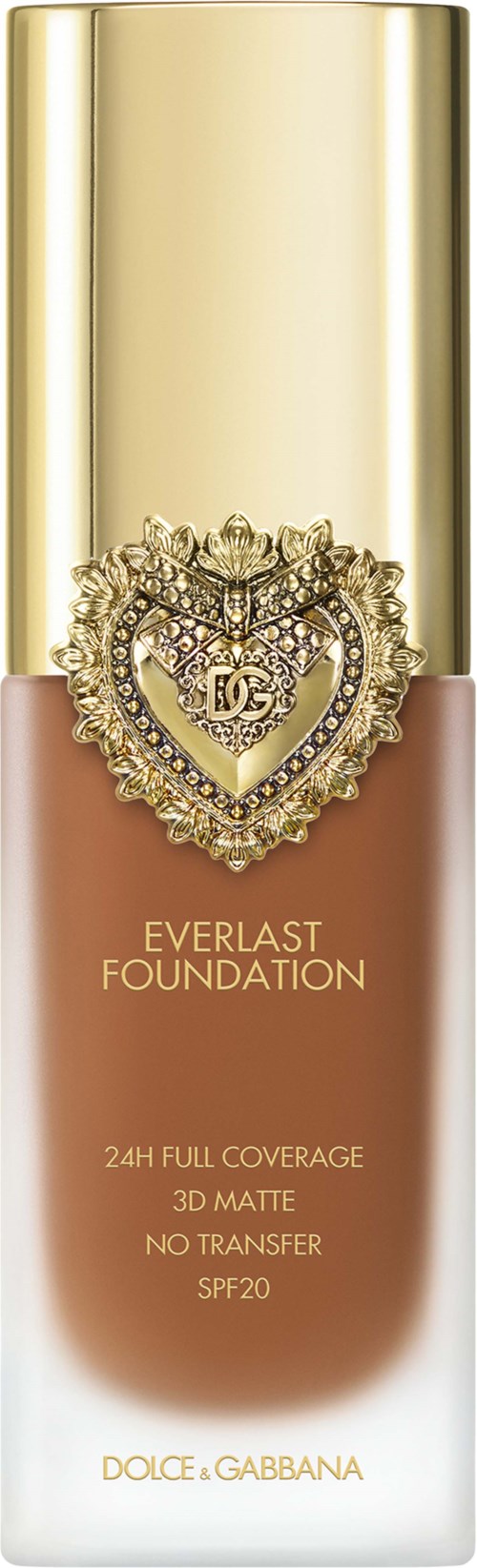 A foundation bottle with a gold cap and a heart-shaped jewel logo, labeled Everlast Foundation with SPF 20.