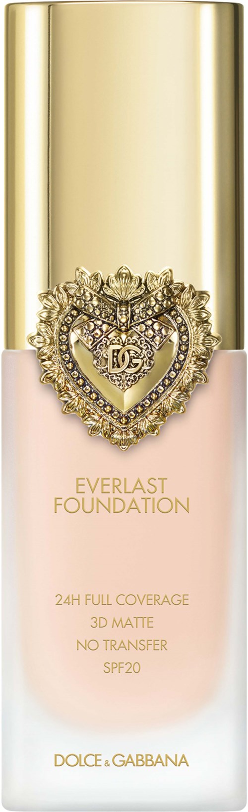 A bottle of foundation with a gold cap and decorative heart-shaped emblem, labeled 'Everlast Foundation' for full coverage.