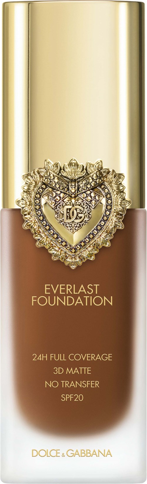 A foundation bottle with a gold cap and decorative heart emblem, labeled Everlast Foundation, SPF20, full coverage, no transfer.