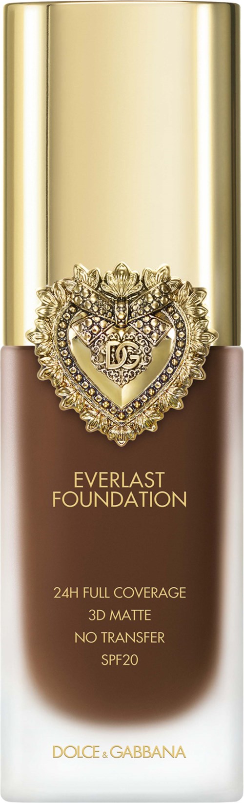 A foundation bottle with a gold cap, heart-shaped jewel, and brown liquid. It has Gold branding and features SPF20.