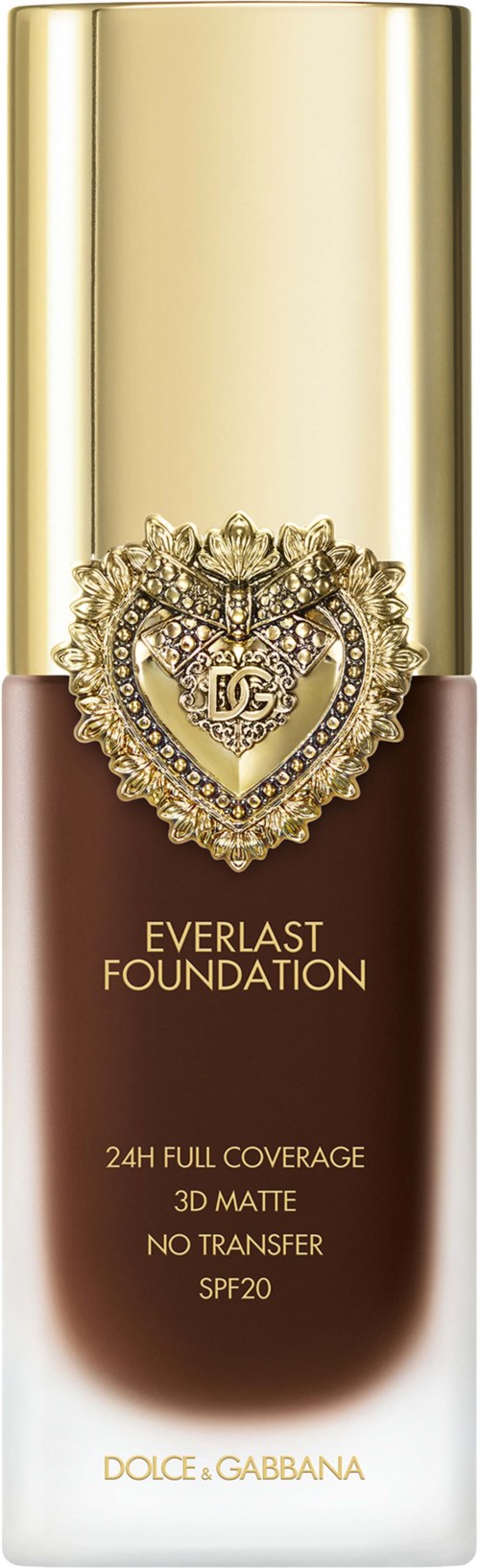A foundation bottle with gold cap, heart-shaped jeweled logo, and brown and white body. It is labeled Everlast Foundation.