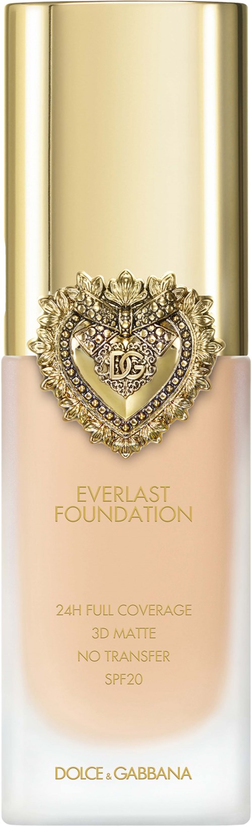 A foundation bottle with a gold cap, heart-shaped jewel, and branding for Dolce & Gabbana Everlast Foundation.