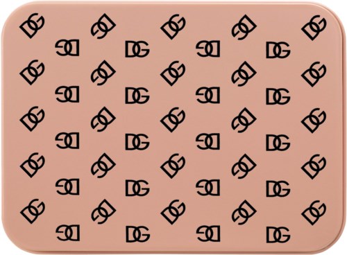 Een roze rechthoekig voorwerp met een herhaald zwart logo patroon op het oppervlak.