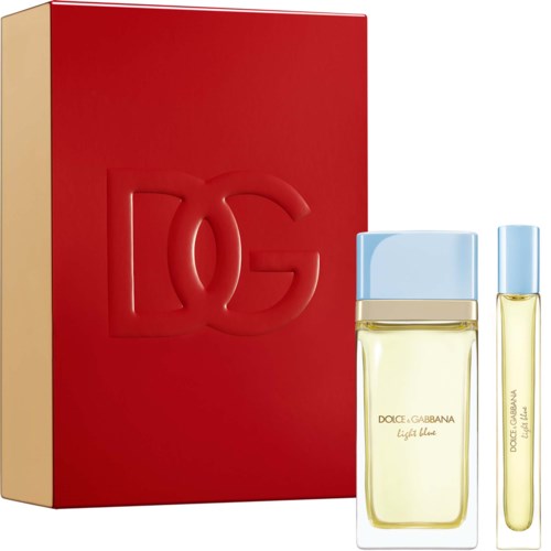 Dolce & Gabbana Light Blue perfume set with a large box, a spray bottle, and a smaller perfume roller.