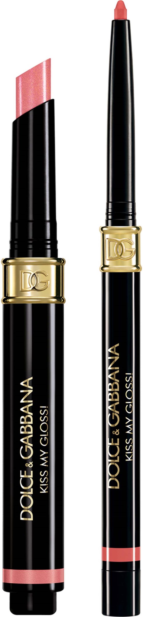 Two makeup products, one lipstick and one lip liner, both black with gold accents and pink details.