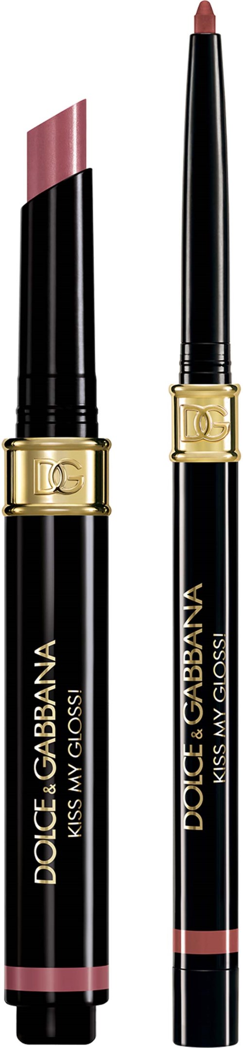 A lip gloss and a lip liner in black and gold packaging, displayed vertically with the gloss cap removed.