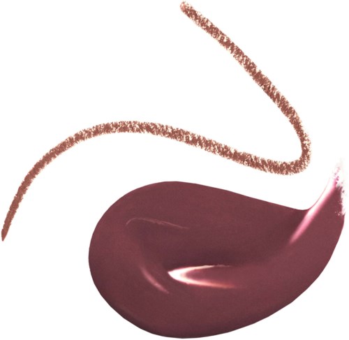 An abstract swirl of dark red or burgundy paint with a thin, light brown curly line above it.