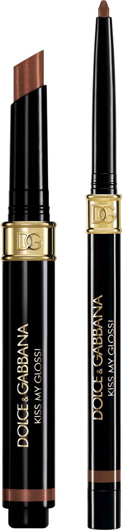 Two black makeup pencils with gold bands, one with brown lipstick and the other with a brown eyeliner tip.