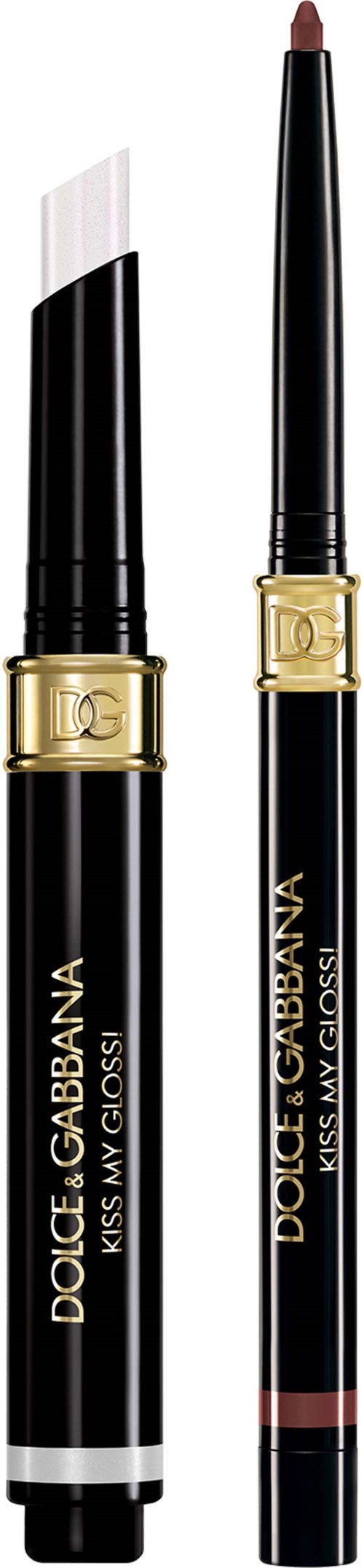 Two elegant black makeup pencils with gold rings, one is sharpened and the other is a lipstick.