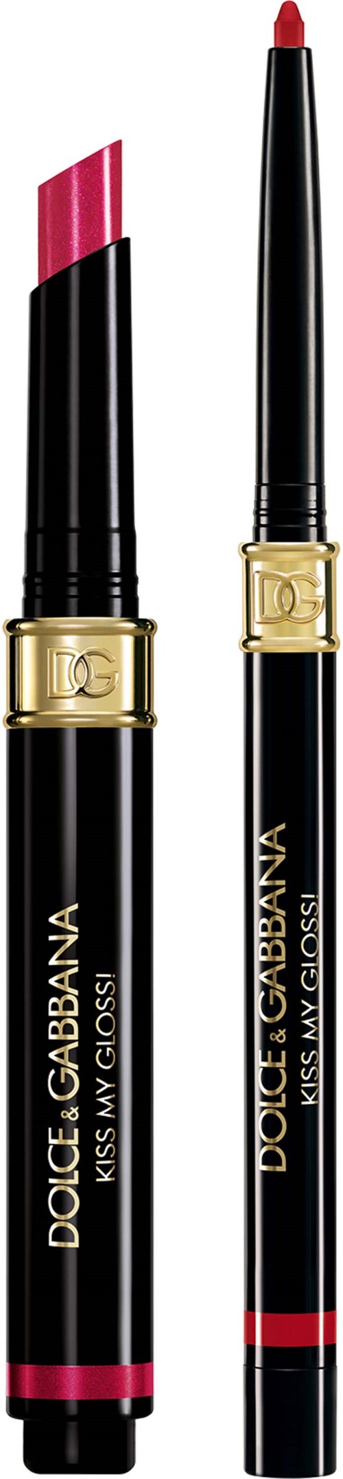Two makeup products: a lipstick with pink color and a matching lip liner in black and gold packaging.