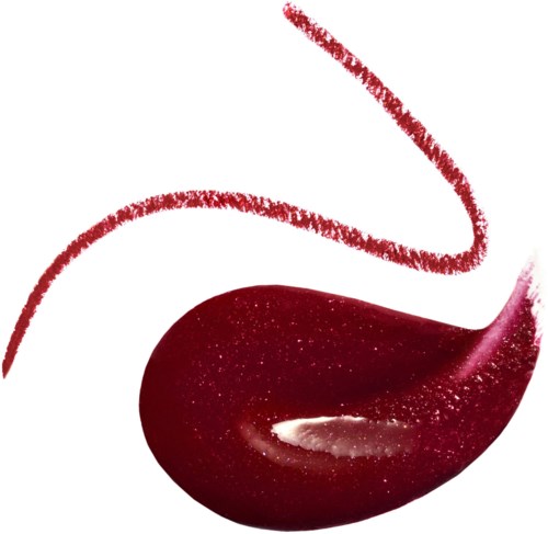 A cherry with a long, curved stem, shown in a stylized, artistic form with splashes of red.