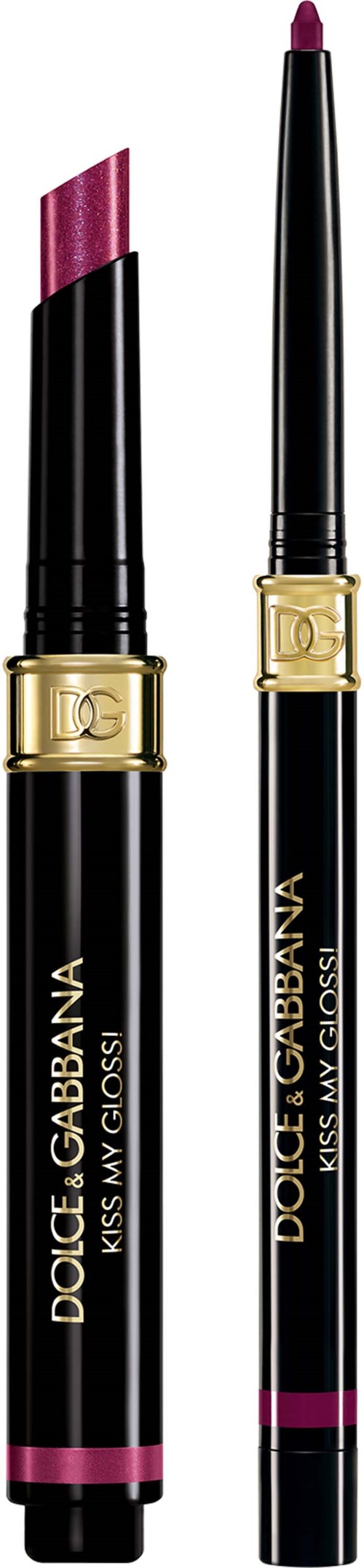 Two black cosmetic pencils, one with a pink lipstick tip and one with a pink base. Gold rings around the middle.
