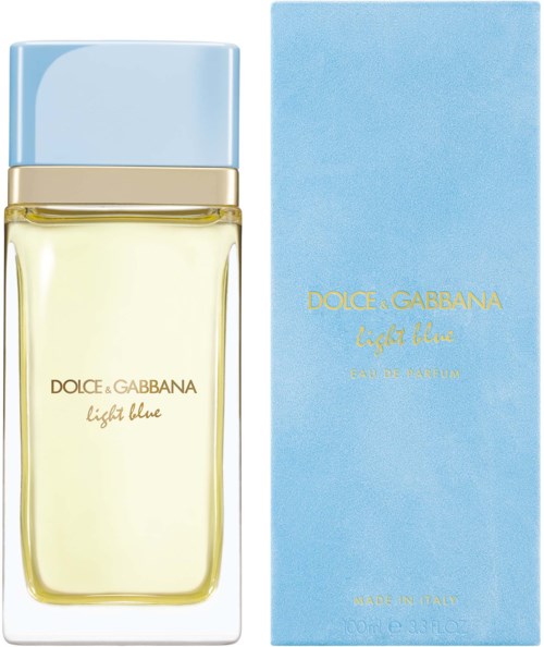 Een parfumfles en doos voor Dolce & Gabbana Light Blue, beide in lichtblauw en goud.