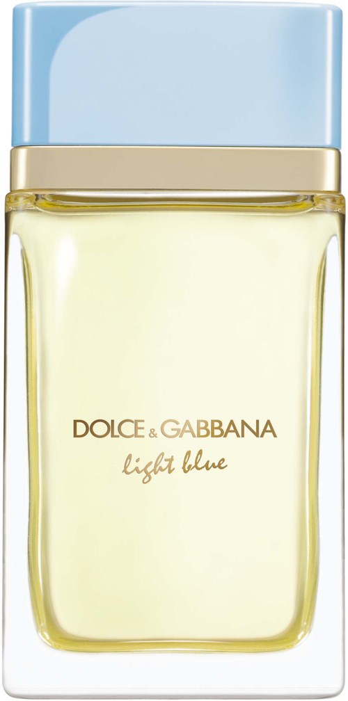 Een parfumfles met Dolce & Gabbana light blue label, blauwe dop en lichtgele vloeistof.