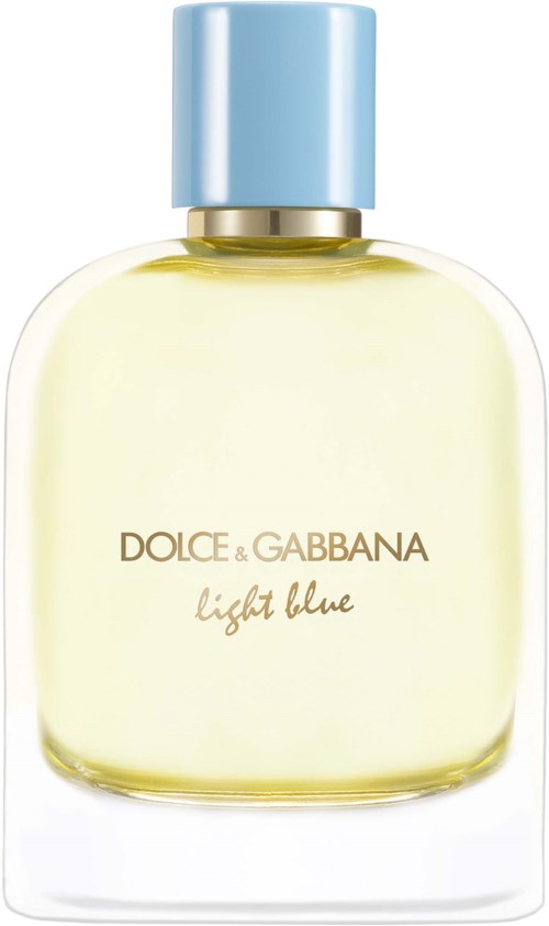 Een parfumfles met een lichtblauwe dop en lichtgele vloeistof, gemarkeerd Dolce & Gabbana Light Blue.