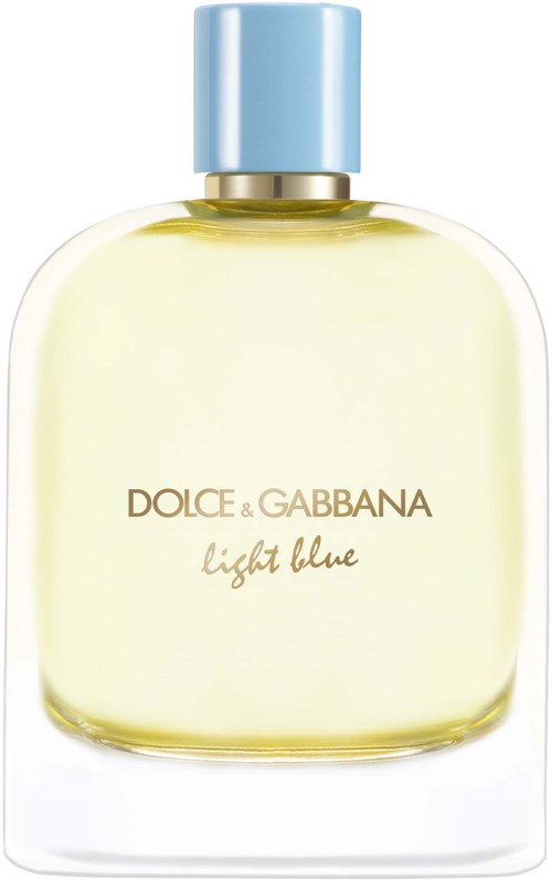 Een parfumfles met een blauwe dop en lichtgele vloeistof, gemarkeerd Dolce & Gabbana light blue.