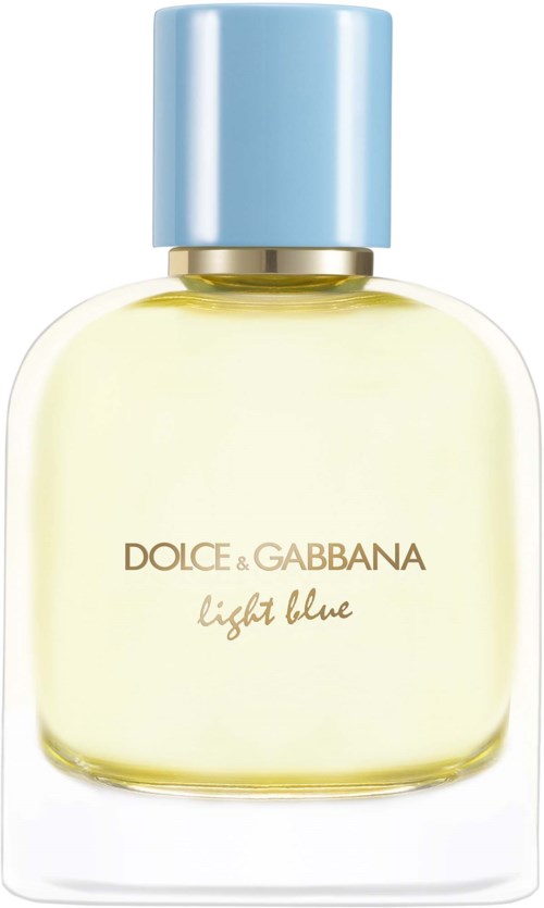 Een flesje Dolce & Gabbana Light Blue parfum met lichtblauwe dop en doorzichtige glazen fles.