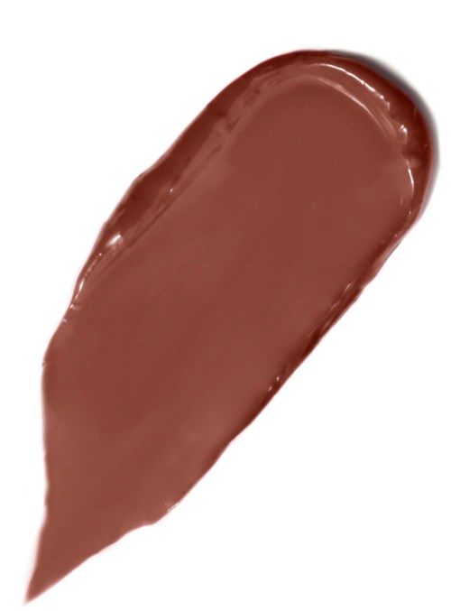 A smear of brown lipstick with a shiny finish on a white background.