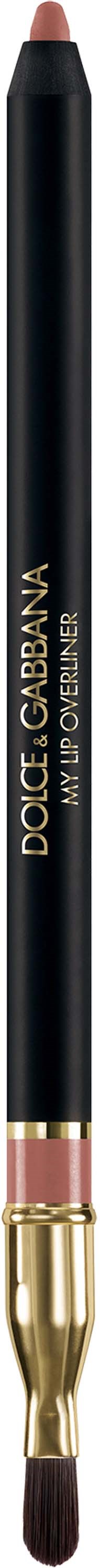 A black makeup brush with a small rounded pink tip and a gold band, labeled Dolce & Gabbana My Too Bright.