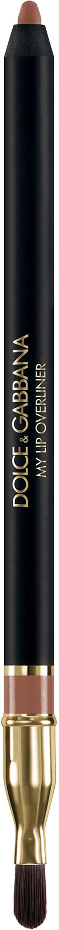 A black makeup brush with gold and pink details, labeled Dolce & Gabbana My Ombre, colizing the brand and product.