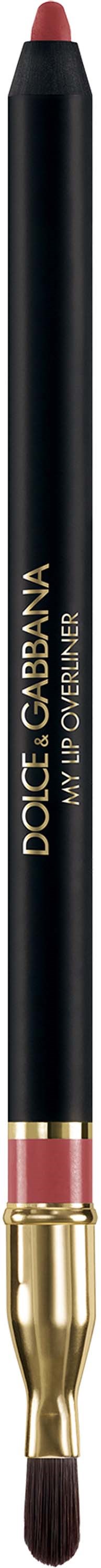 A lipstick-colored pencil with a gold and pink tip and black body with gold lettering.