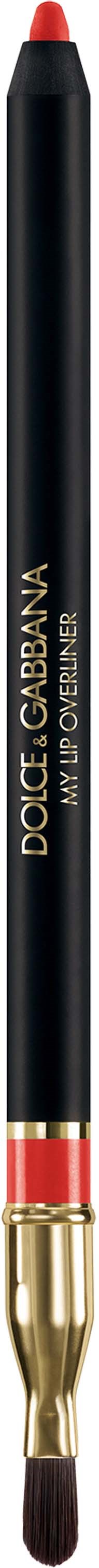 A black makeup pencil with gold and red accents, labeled Dolce & Gabbana My Lips Blooming.