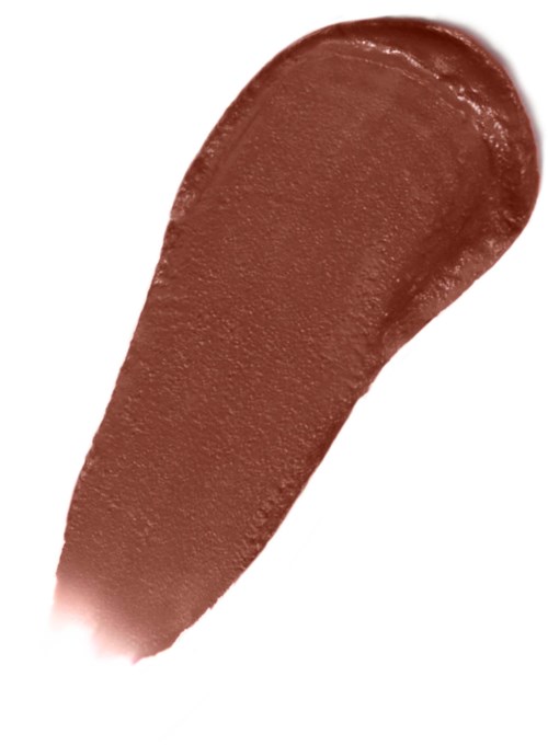 A brown smear of what looks like lipstick or makeup on a white background.