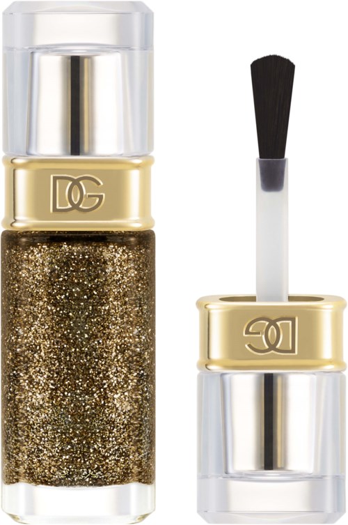 A gold and black glitter nail polish bottle with a pump and a brush applicator.
