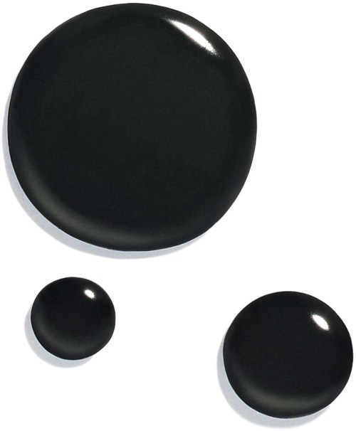 Three black circular objects of different sizes on a white background. The largest at the top, two smaller ones below.