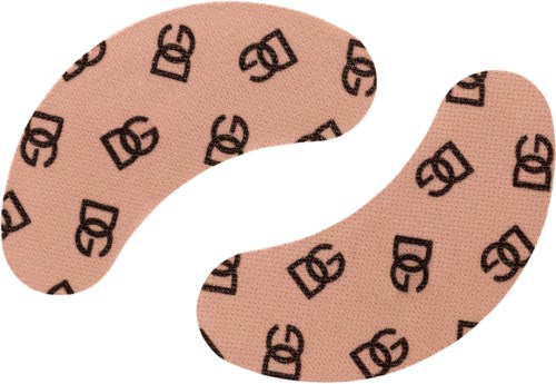 Two pink patches with black logos, shaped like abstract curvy forms, on a white background.