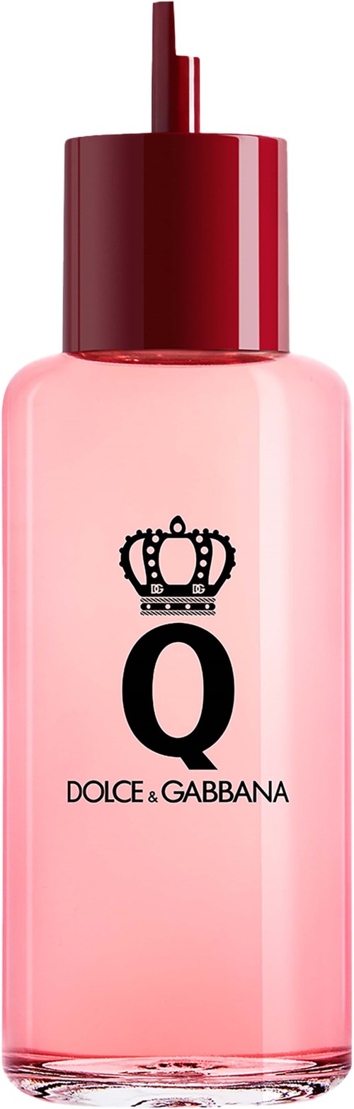 Roze parfumfles met een zwarte kroon en de letter Q, merk Dolce & Gabbana.
