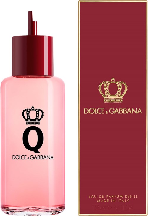 Een roze parfumfles met een rode dop en een bijpassende doos, beide met een kroon en het Dolce & Gabbana-logo.