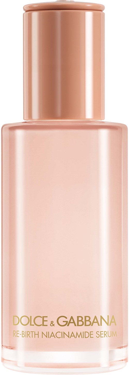 En rosa och guld flaska av Dolce & Gabbana Re-Birth Niacinamide Serum med pump.