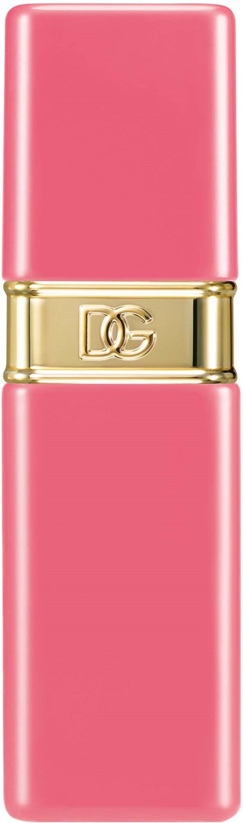 En rosa leppestift med gullbånd og initialene DG.
