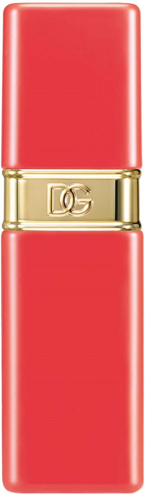 En rød leppestift med gullbånd og DG-logoen i midten.