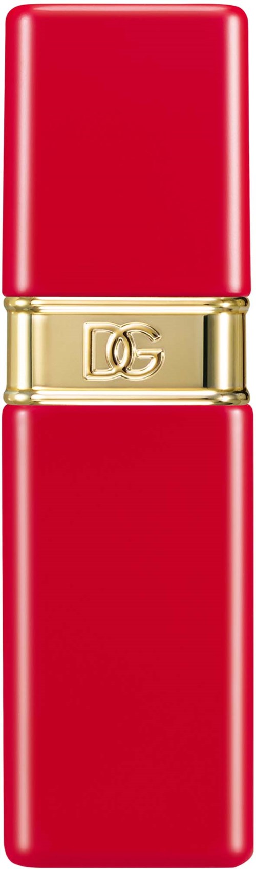 En rød leppestift med et gullbånd i midten og DG-logoen, slank og elegant design.