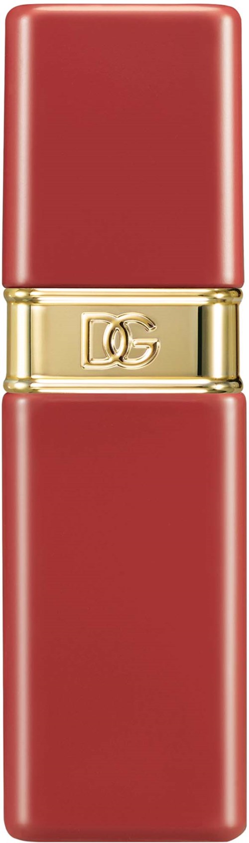 Rødt leppestift med gullbånd og DG-sertifiseringsmerke i midten. Det ser elegant og stilig ut.