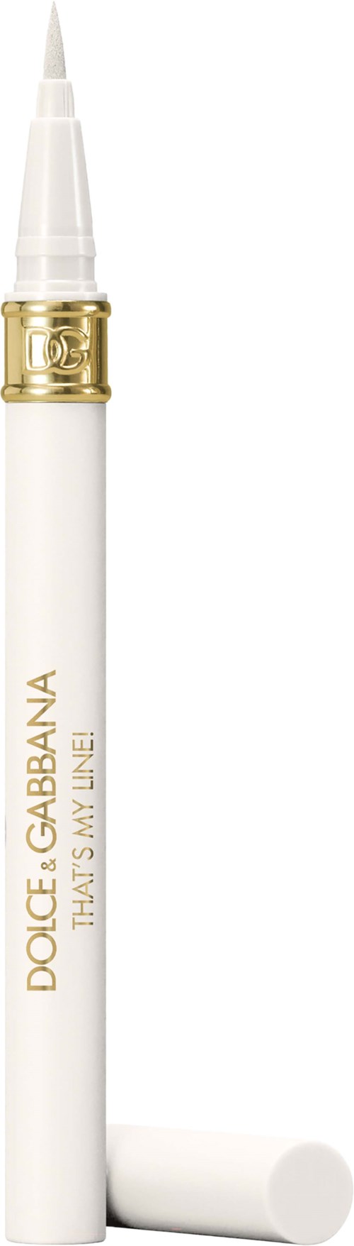 A pen with white body and gold accents, with the text "DOLCE & GABBANA THAI S MLN E" printed on it.