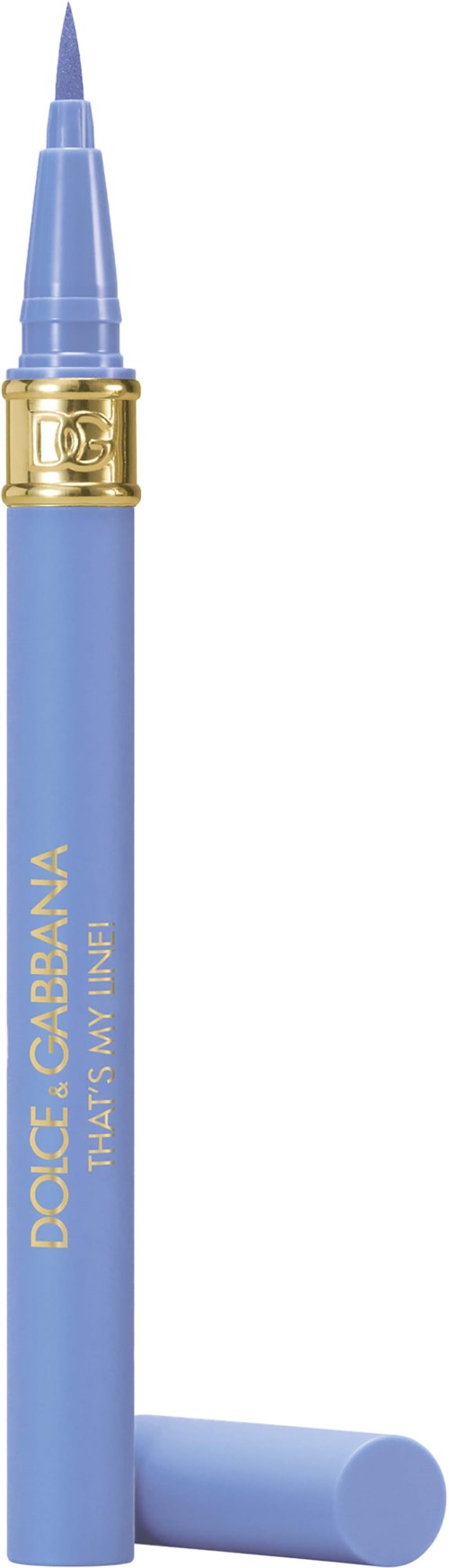 A light blue pen with gold accents and text, shown standing upright with cap nearby.
