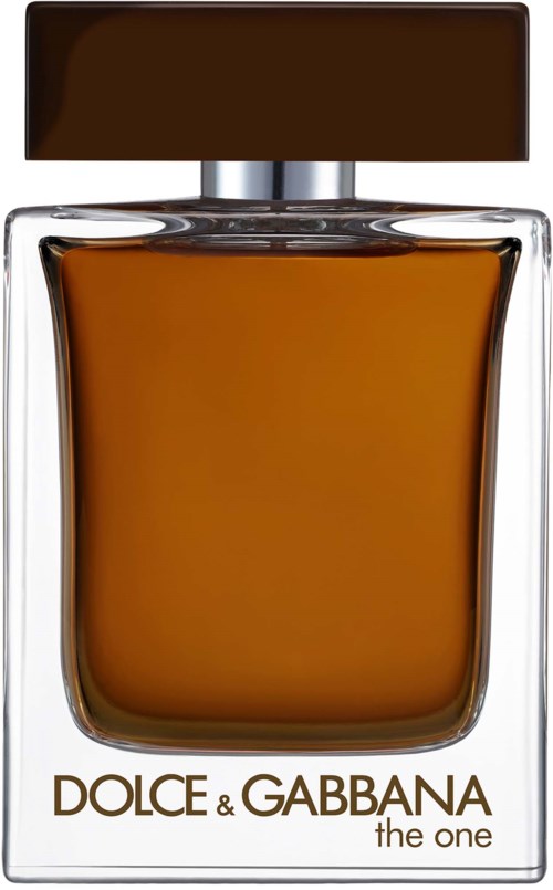 Een parfumfles met bruin vloeistof, zilveren dop en label 'DOLCE & GABBANA the one' onderaan.
