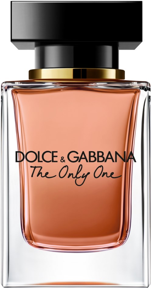 Een parfumfles met zwarte dop, gouden ring en lichtroze vloeistof binnen. Het label zegt Dolce & Gabbana The Only One.