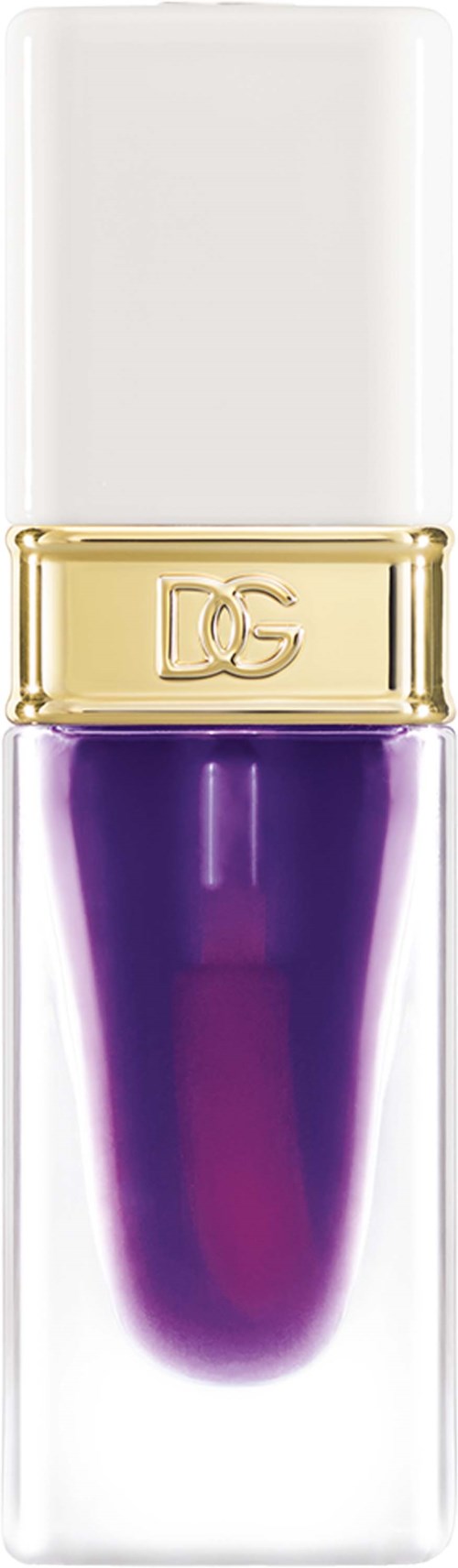 A purple nail polish bottle with a gold band and a white cap. The bottle is clear and shaped like a teardrop.