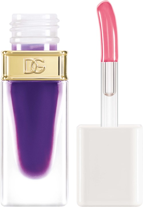 A clear lipstick tube with purple lipstick and a pink lip gloss applicator.