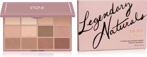 Eine rosa Make-up-Palette mit zwölf Farben, genannt Legendary Naturals, von Doll Face. Die Palette hat eine klare Abdeckung.